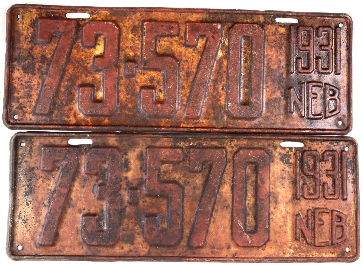 1931's  Vintageヴィンテージカーナンバープレート Vintage Nebraska 1931 Auto License Plate Set Pair 73-570 Gosper Co