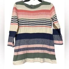 T by Talbots Green Cream Top Horizontal Striped Sweater Crew Neck - Size S