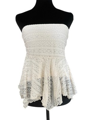 Princess Polly Cream Beige Strapless Lace Top Women s Petite 4 Peplum