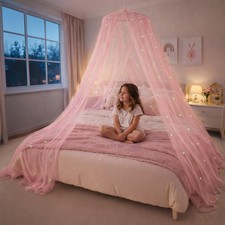 Pink Princess Bed Canopy with Glow-in-the-Dark Stars for Kids - Fits All Sizes