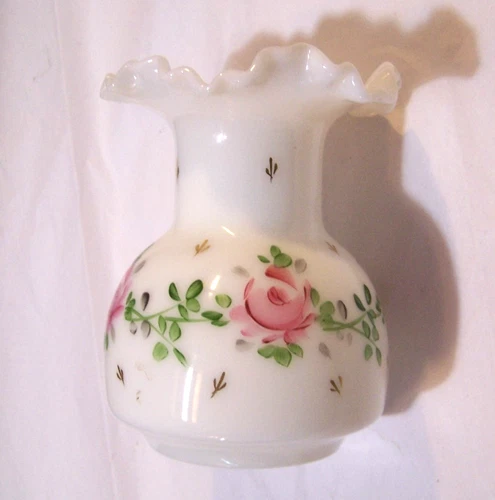 Vintage White Milk Glass Vase - Roses -  Ruffled Top -  Hand Painted - gorgeous