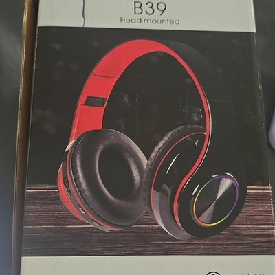 B39 Bluetooth Wireless Over-Ear Headphones with LED Lights, Black/Red