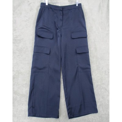 Skies Are Blue Pants Womens Medium Wide Leg Cargo Pockets Satin Baggy Loose Navy
