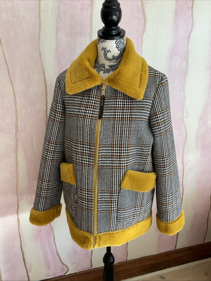 Juicy Couture Black Label Houndstooth Plaid Coat Jacket Faux Fur Medium Like New