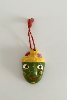 Vintage Green & Gold Clay Wall Mask Ornament Ethnic Asian Folk Art Hanging Decor