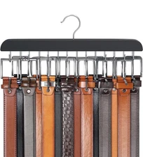 4 PC Closet Belt Hanger Rack, Holds 42 Belts, Wood Organizer with 14 Hooks Black