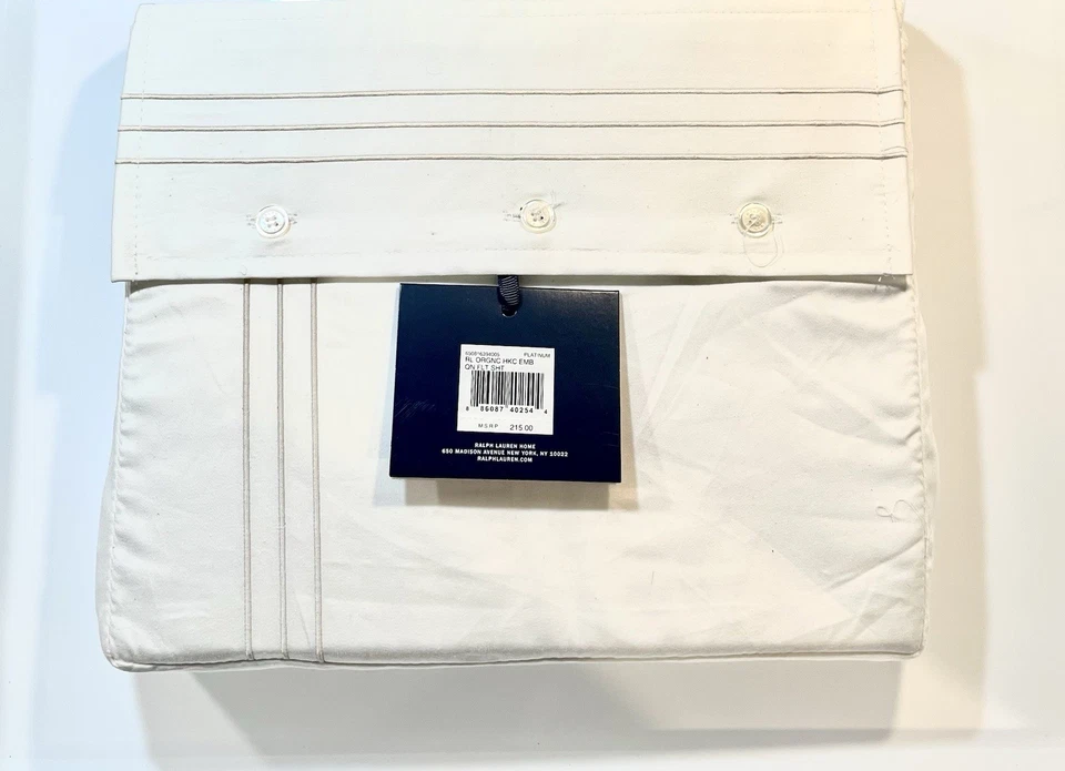 Ralph Lauren 100% Organic Cotton Embroidered Platinum Queen Flat Sheet Reg $215 - Image 4 of 4