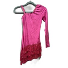 Kelle Dance Costume Pink Fringe Sequin Long Sleeve Dress Fringe Jazz sz Small