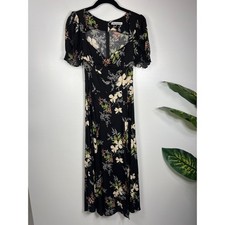 Reformation Luciana Black Floral Midi Dress Side Slit Puff Sleeve Flowy Romantic