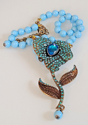 WOWSER STATEMENT NECKLACE WITH HUGE TULIP  4 1/2 SIGNED ''LIHONGYUAN'' TEAL DROPS
