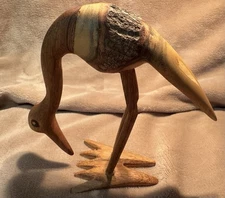 Hand Carved Wood Bird Raw Live Edge Stork Crane Textured Art Decor Sculpture