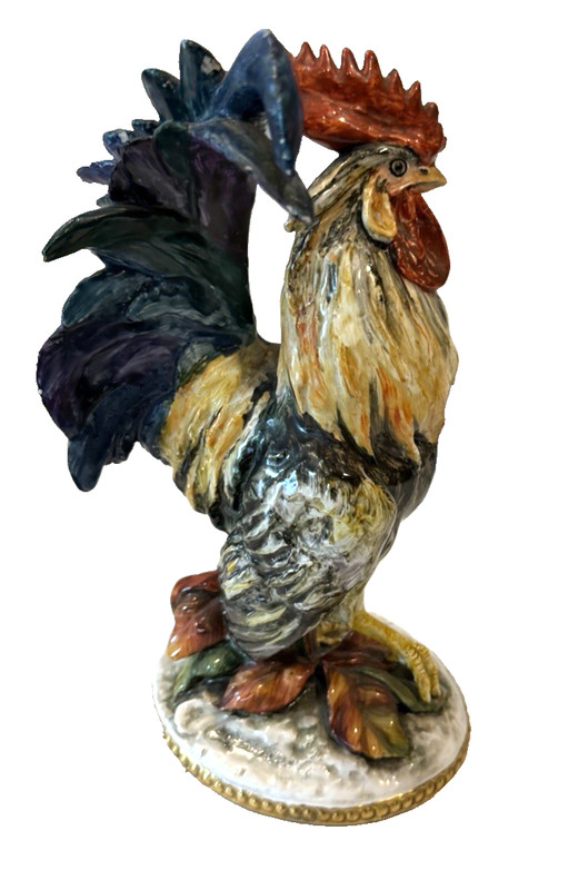 Vintage Italian Ceramic Rooster Sculpture Figurine Colorful Feathers 10.5"