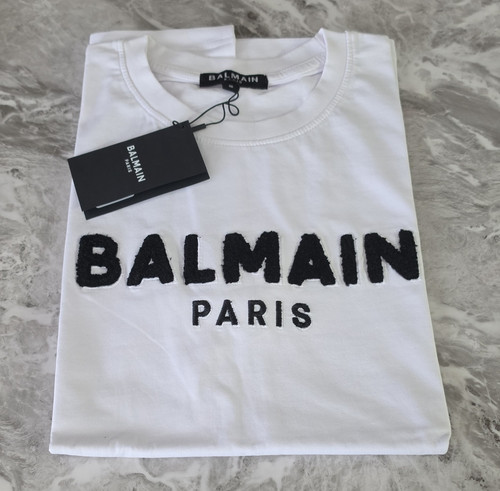 Balmain Paris Men's S White Cotton Jersey Crewneck Logo Graphic T-Shirt