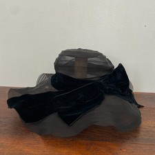 Vintage 1940s Black Sheer Hat Velvet Ribbon Bow Wide Brim Sun Hat Goth