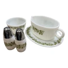 Vintage Pyrex Green Crazy Daisy Gravy Boat & Saucer Plate, Salt & Pepper, Sugar