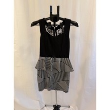 Black and White Striped Peplum Dress with Lace Back - Sleeveless