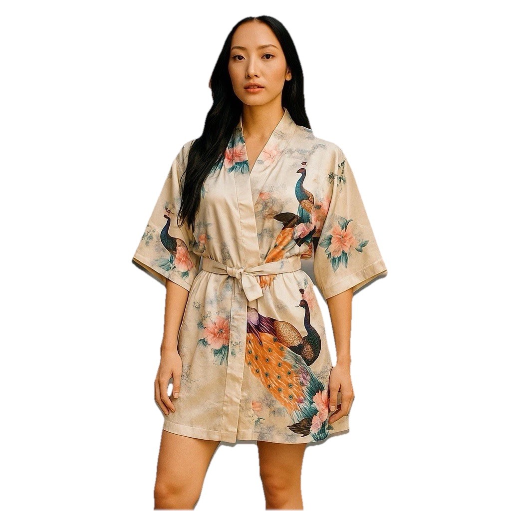 Women’s Satin Robe White With Peacocks Size Large Asian Inspired Belted