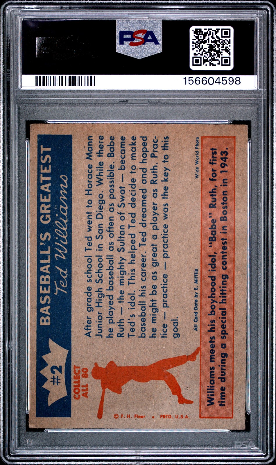 1959 FLEER TED WILLIAMS #2 TED'S IDOL-BABE RUTH PSA 2 view 2