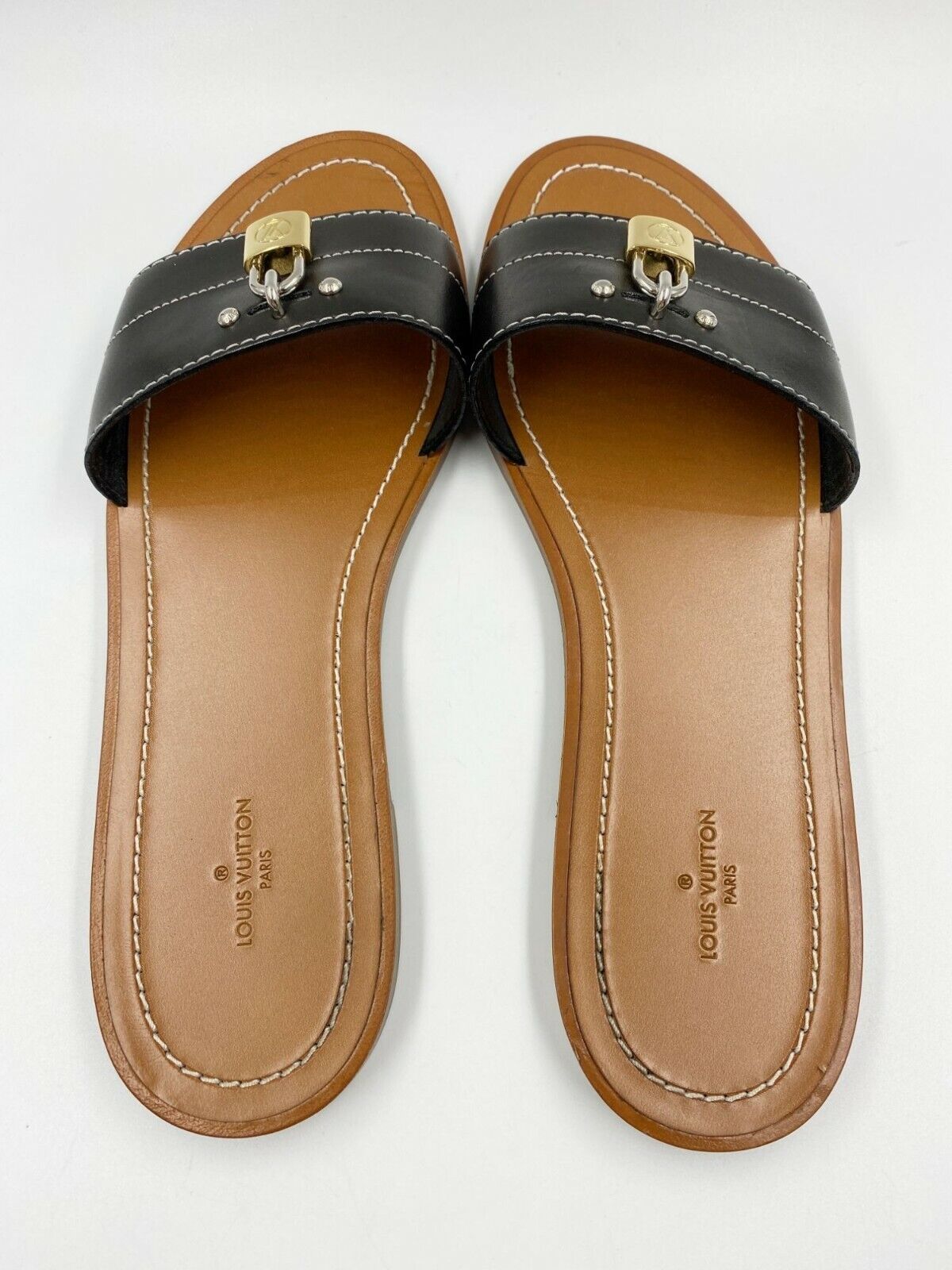 Louis Vuitton Black Leather Lock It Slides Sandals, US 8.5