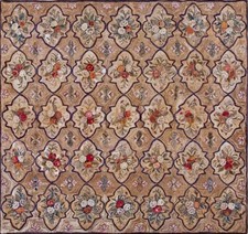 8x10 Antique Square American Hooked 1850s Brown Floral Wool Oriental Rug