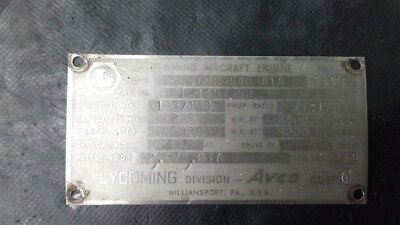 AVCO LYCOMING MODEL IGSO-540-A1A AIRPLANE/AIRCRAFT  ENGINE/MOTOR DATA TAG ONLY