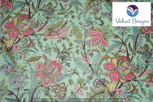 5 Yard Indian Hand Block Floral Pure Cotton Running Fabric Green - Picture 3 of 4