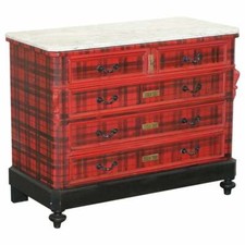 BELLISSIMA CASSETTIERA VITTORIANA ORIGINALE CON RIVESTIMENTO TARTAN SCOZZESE, PIANO IN MARMO