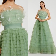 Mac Duggal NEW Sage Green Strapless Ruffle Tulle Gown with Feathers $798 Size 8