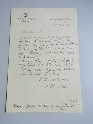Journaliste Noël SABORD (1882-1949): lettre autographe 1930 á Jacques MORTANE - Bild 2 von 8