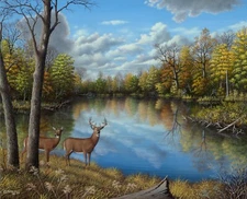 Fine, Art,Original Realistic, Autumn,Painting, Deer, Wildlife, Landscape, Creek