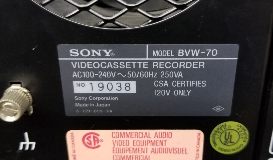 Magnétoscope Portable Sony BVW20S Betacam SECAM – Pour Pièces (état Non Fonctionnel)