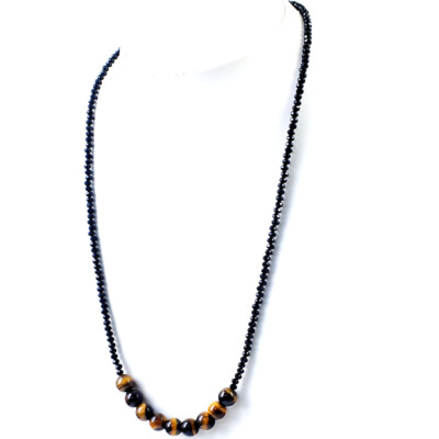 75.00 Cts Natural Faceted Spinel & Tiger Eye Round Beads Necklace NK 35E125