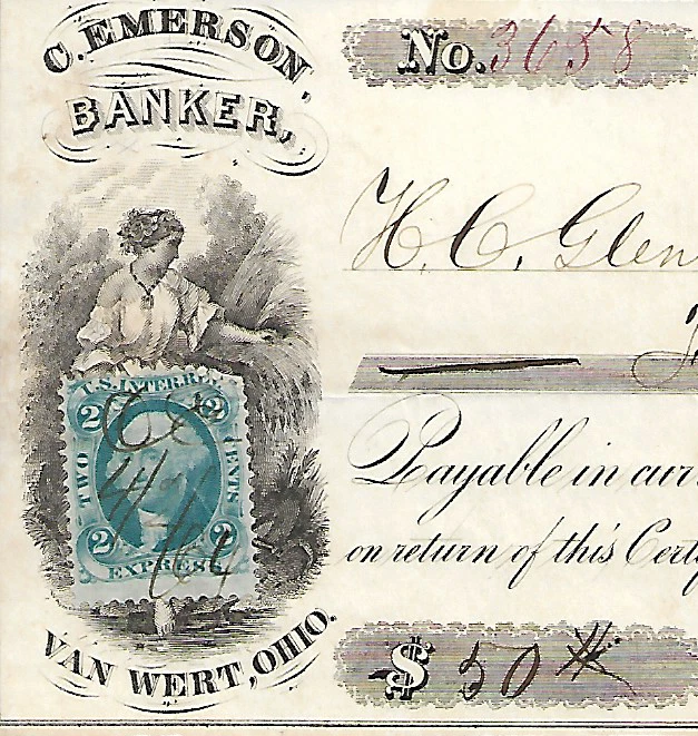 Civil War Era Bank Check 1864 C. Emerson Banker w/US Inter. Rev. 2C Stamp 14-314 - Image 2 of 2