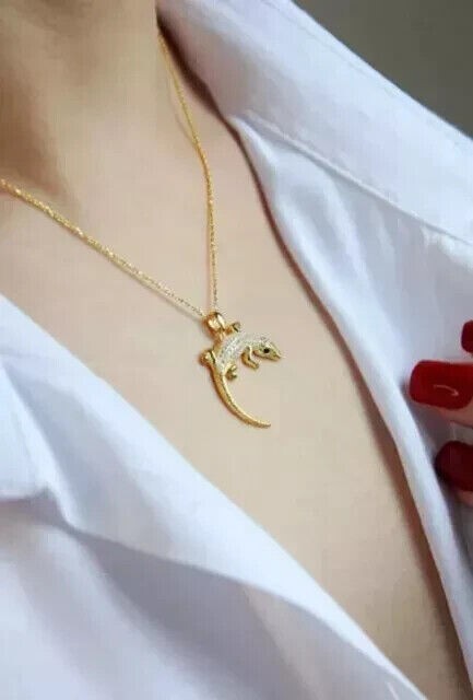 Round Cut Simulated Diamond Stunning Lizard Charm Pendant 14K Yellow Gold Plated