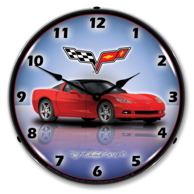 C6 Corvette Torch Red, Lighted Backlit LED Wall Clock, GM Licensed Free Shipping