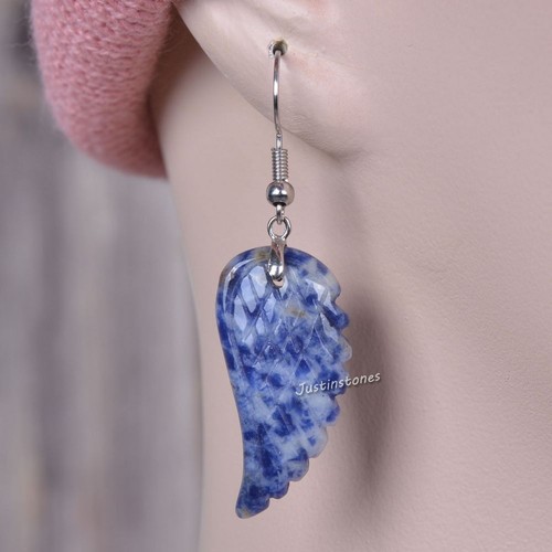 30mm Carved Rock Gemstone Crystal Angel Wing Healing Handmade Dangle Earrings - Picture 92 of 133
