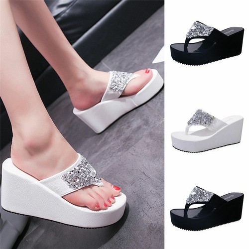 Zapatillas de verano para mujer sandalias altas chanclas brillantes moda  zapatos | eBay