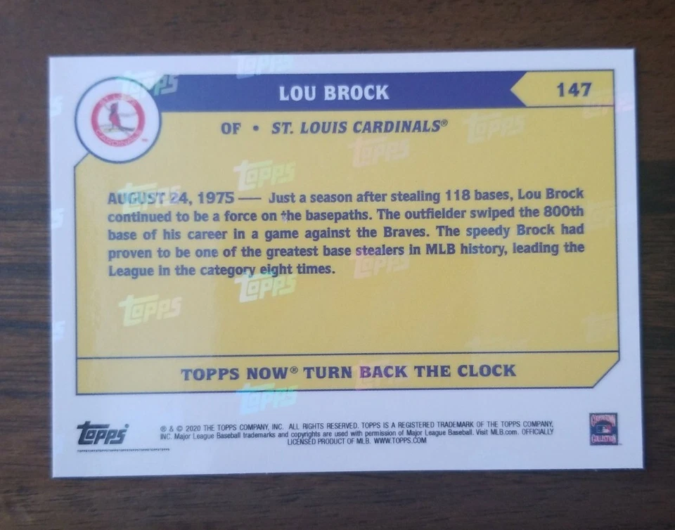 Lou Brock 2020 TOPPS NOW Turn Back The Clock Red Cherry Parallel 3/7 Cardinals - Image 2 of 2