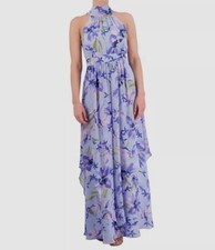 Eliza J Women's Blue Floral High-Neck Sleeveless Chiffon Dress Size 2