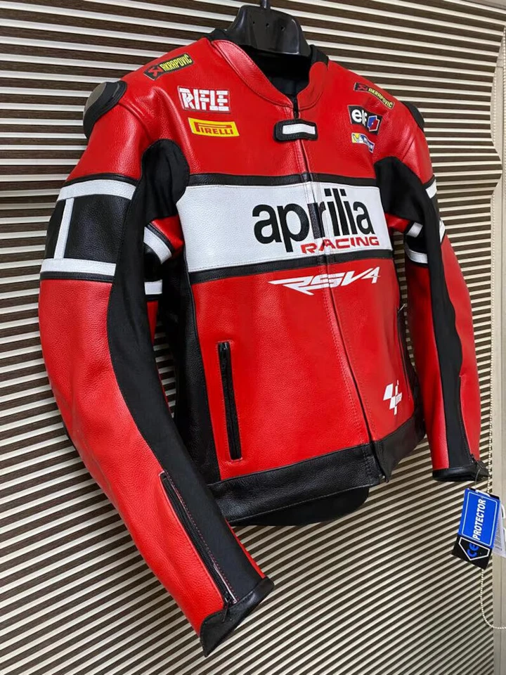 Chaqueta de cuero personalizada Aprilia RSV4 para carreras de motocicletas Foto 3 de 4