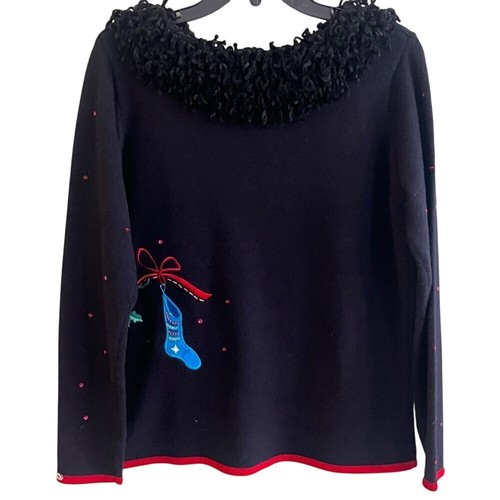 Karen Scott Black Christmas Sweater Embroidered Beaded Stockings Tassel Collar M - Picture 4 of 8