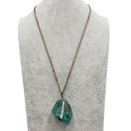 Large Green Black Stone Pendant Necklace Silver Tone Chain