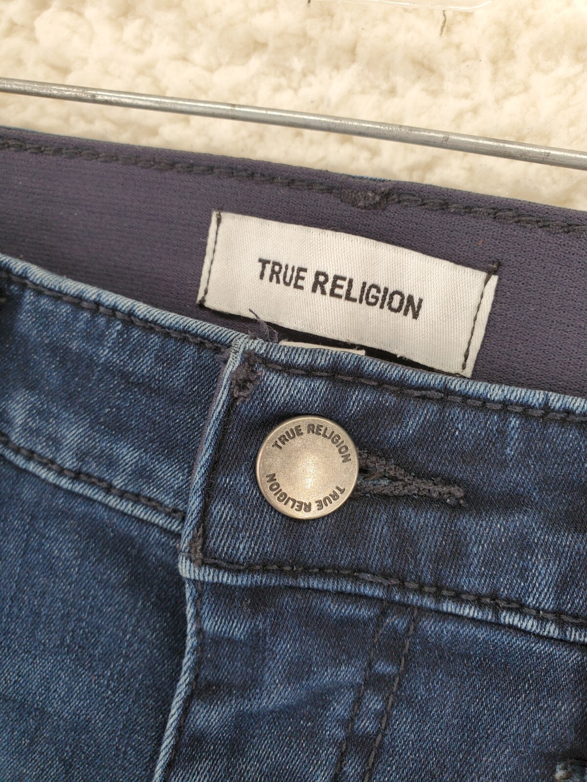 True Religion Jean Shorts Ws 28 (27) Mid Rise Dark Blue Halle Cut-Off Raw Hem 5” thumbnail 11