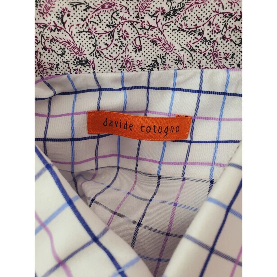 Camisa a cuadros Davide Cutugno para hombre a medida blanca azul púrpura talla 44 Foto 2 de 4