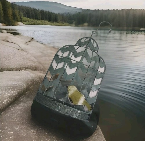 Metal BIRD CAGE Hanging Decor Distressed Chevron 12" x 8" w Hanger Teal Lime - Picture 3 of 12