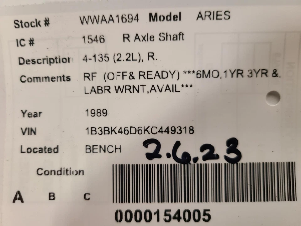 Eje de transmisión derecho usado se adapta a: Dodge Aries 1989 4-135 2,2 L derecho grado A Foto 4 de 4