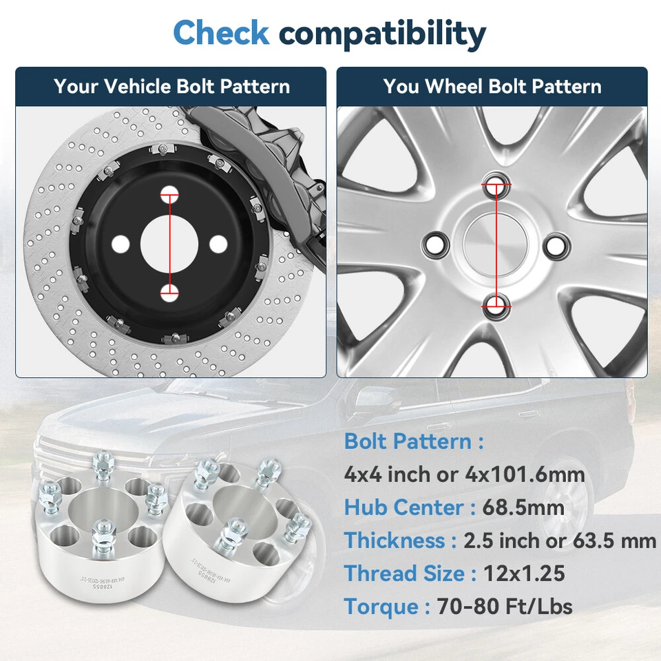 ECCPP 4Pcs 2.5" 4x4"/ 4x101.6 Wheel Spacers 12x1.25 68.5 CB For Yamaha Golf Cart - Imagem 2 de 4