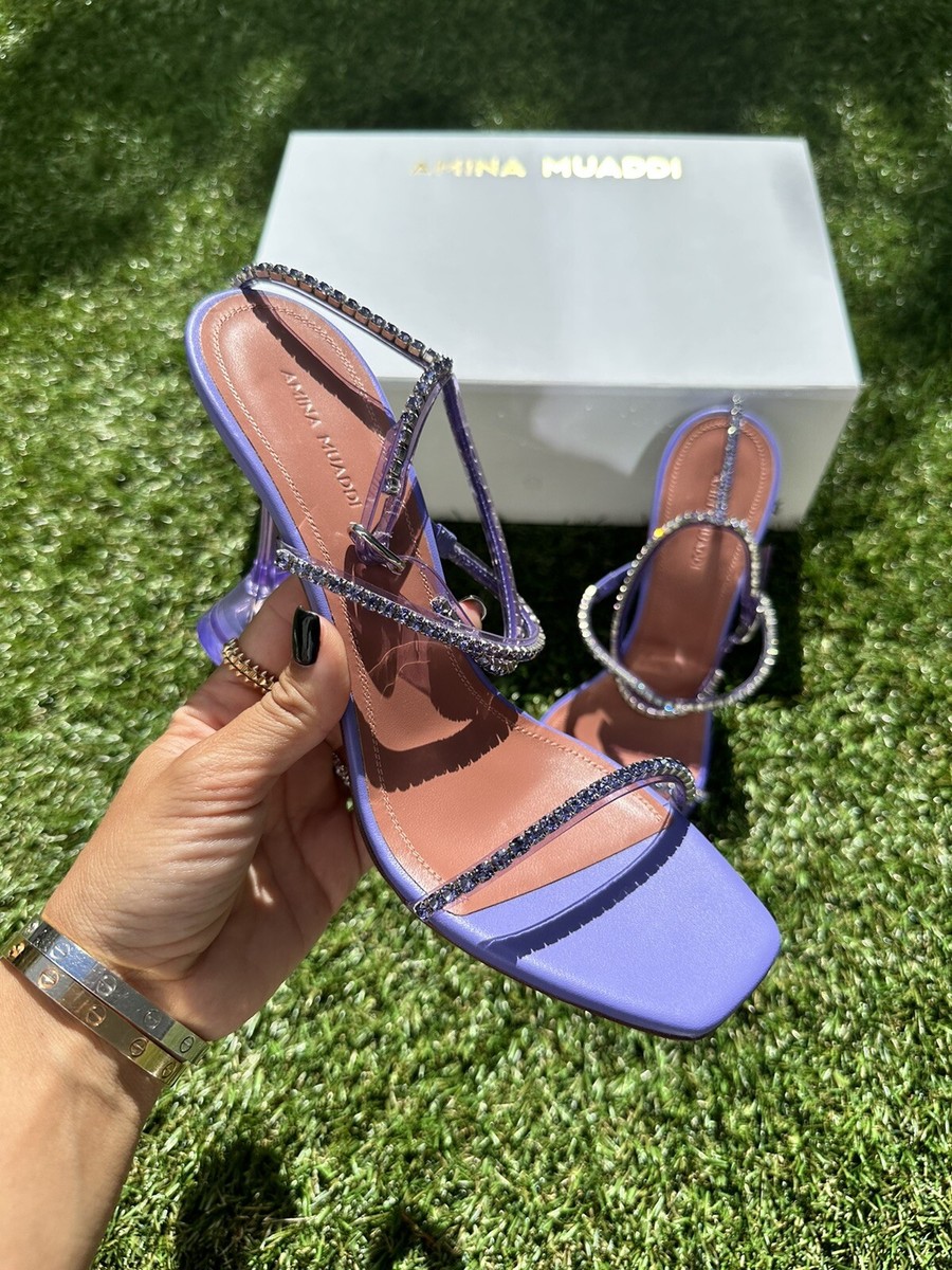 【関税込み】Amina Muaddi パープル Gilda ヒールサンダル Amina Muaddi Gilda 95 Crystal Embellished Clear PVC Heels