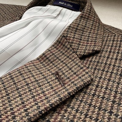 Alan Flusser Mens 100% Lambswool Tweed Blazer 42L Houndstooth Sport Coat Brown
