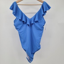 Bal Harbour Womens Lt Blue Tummy Control V-Neck Ruffle One-Piece Swimsuit 20 NWT